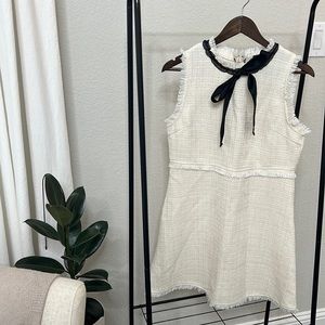 White tweed fringe dress black bow